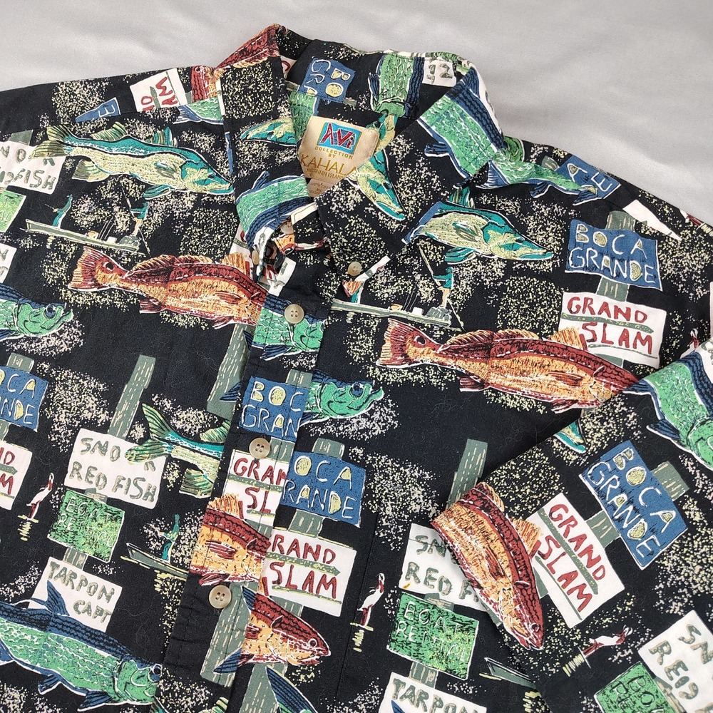 Vintage Kahala AVI Collection Hawaiian Shirt Mens XL Fish Print Made in Hawaii